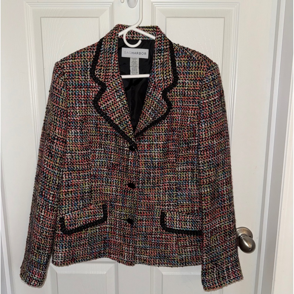 Sag Harbor Womens Multi Color Tweed Blazer Jacket Black Braided Trim Rainbow 12